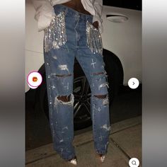 Embellished Ripped Plus Size Jeans Brand New Size 3x(22-24) Casual Embellished Party Jeans, Casual Embellished Jeans For Party, Embellished Blue Bottoms For Fall, Fall Blue Embellished Bottoms, Fall Embellished Blue Bottoms, Beyonce Concert Outfit, Moda Denim, Fringe Jeans, Look Jean