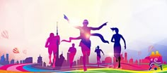 the silhouettes of people are running in front of an abstract cityscape background