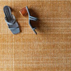 a pair of women's shoes sitting on top of a brown and white rug