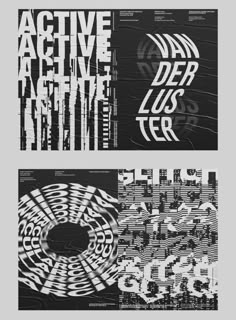 three black and white banners with different type of lettering on them, each featuring an abstract design