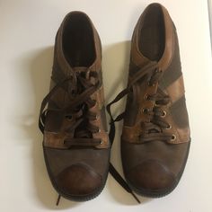 I Bought These Shoes In Spain In The Summer Of ‘03-‘04 Ish. Never Worn Runs Wide Ankle-high Leather Sneakers With Rubber Heel Cap, Leather Sneakers With Rubber Heel Cap, Leather Closed Toe Sneakers With Rubber Heel Cap, Brown Ankle-high Sneakers With Leather Sole, Vintage Leather Sneakers For Spring, Brown Closed Toe Sneakers With Laces, Casual Ankle-high Sneakers With Leather Footbed, Brown Laced Closed Toe Sneakers, Brown Lace-up Closed Toe Sneakers