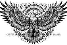 a black and white drawing of an eagle with wings spread out, surrounded by stars