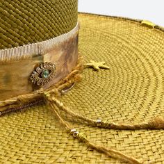 Silk and cotton ribbons with small details around crown Sweatband with 'Sun, Sea & Sand' inspirational quote All hats are unique and have perfect imperfections! Straw hat hand woven in Ecuador Hand made and designed by Valeria in California Straw Hat Design, Diva Style, Sea Sand, Wide Brim Fedora, Dyed Silk, Hand Dyed Silk, Small Details, Silk Dyeing, Small Detail