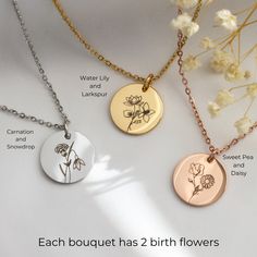 Birth Month Flower bouquet necklace, flower necklace, birth flower necklace, Bridesmaids Gift, bridesmaid bouquet, gift for friends BIRTH FLOWER NECKLACE: Flowers that will last forever. Disc Size: 16mm and 19mm diameter. Chain length: 40cm, 45cm, 50cm Our pieces are high polished gold plated over stainless steel. This won't tarnish. Available in rose gold plated over stainless steel; gold plated over stainless steel and plain stainless steel. Each bouquet has the two flowers representing its mo Delicate Birth Flower Necklace For Bridesmaid Gift, Dainty Birth Flower Necklace Bridesmaid Gift, Silver Birth Flower Charm Necklace For Wedding, Delicate Flower Charm Necklace For Bridesmaids, Silver Birth Flower Charm Necklaces For Weddings, Flower Charm Necklace For Bridesmaid Gift, Flower Necklace For Bridesmaids And Mother's Day, Silver Wedding Charm Necklace With Birth Flower, Minimalist Flower Necklaces For Bridesmaids