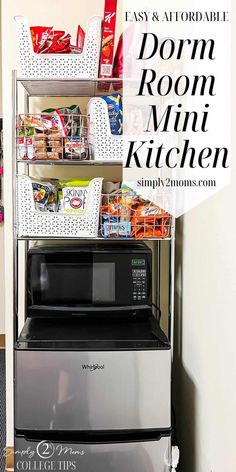 a microwave sitting on top of a dryer next to a shelf filled with food