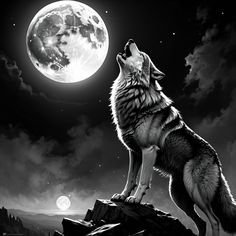 a wolf standing on top of a rock under a full moon