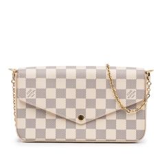 This Louis Vuitton Pochette Félicie is made of white Damier Azur Canvas. The Bag can either be carried by hand, like a clutch, or crossbody thanks to the detachable gold-tone chain strap. It is closed by a snap fastener and the interior offers slip pockets. Louis Vuitton Clutch Bag, Pochette Felicie, White Louis Vuitton, Louis Vuitton Clutch, Louis Vuitton Damier Azur, Louis Vuitton Pochette, Snap Fasteners, Casual Backpack, Kids Bags