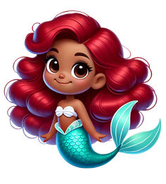 the little mermaid with red hair is sitting on top of her tail and looking at the camera