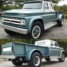 an old pick up truck is shown in two different pictures