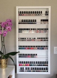 Wall Mounted Nail Polish Rack Salon Nail Polish Storage Salon | Etsy Vanity Pictures, Desain Salon Kuku, Nail Salon Ideas, Budget Makeup, Nail Polish Holder, Wall Nails, Nail Station, Nail Polish Rack, Home Nail Salon