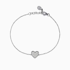 925 Sterling Silver Diamond Heart Bracelet Classic White Gold Heart Bracelet, White Gold Heart Charm Bracelet For Anniversary, White Gold Heart Bracelet With Charm For Anniversary, Classic Heart-shaped Sterling Silver Bracelet, Luxury Adjustable Heart Bracelet, Luxury Silver Heart Bracelet With Cubic Zirconia, Elegant Sterling Silver Bracelet With Heart Charm For Everyday, Classic Sterling Silver Bracelet For Valentine's Day Gift, Elegant Everyday Sterling Silver Bracelet With Heart Charm