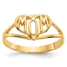 a yellow gold ring with the word mom on it's center and two hearts in the middle