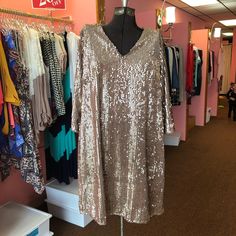 Glamorous Gold Party Dress ... *Small Hole In Neckline* Sequin Mini Dress For Formal Party Season, Sequin Mini Dress For Formal Parties, Glamorous Festive Sequin Dress For Holiday Party, Chic Sequin Dress For Wedding And Holiday, Glamorous Dresses For Holiday Party, Chic Sequin Wedding Dress For Holidays, Glamorous Festive Cocktail Midi Dress, Festive Glamorous Cocktail Midi Dress, Dressy V-neck Sequin Dress For Party Season