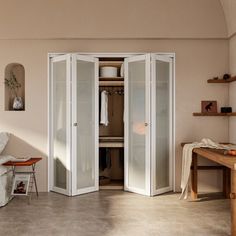 The glass bi-fold door with installation hardware kit adds beauty and the natural warmth of wood to your home! The product enhances the look of your closet, entryway, bedroom, or storage area with modern styling and is suitable for all décors. These doors fold into each other when opened to provide 90%+ access to your closets without taking up space within your room. The frosted glass design allows for privacy as well as natural light to enter your room. The bi-fold doors are durable and easy t… Frosted Glass Closet Doors, Glass Closet Doors, Fold Door, Closet Pantry, Frosted Glass Design, Bi Fold Door, Taking Up Space, Door Hardware Interior, Entryway Bedroom