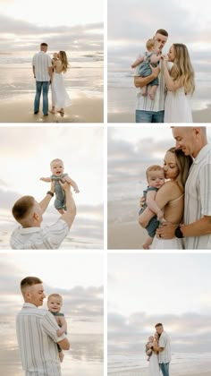 family photos on the beach at sunset with their toddler in his arms and mom holding him up