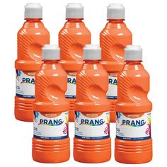 six orange bottles of prang water on a white background