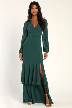 Hunter Green Maxi Dress - Long Sleeve Maxi Dress - Tiered Dress - Lulus Formal Green Maxi Dress For Fall, Elegant Green Maxi Dress For Fall, Elegant Green Fitted Maxi Dress, Green Long Sleeve Maxi Dress, Hunter Green Maxi Dress, Lulus Bridesmaid Dresses, Fall Wedding Outfits, Green Maxi Dress, Fall Wedding Guest Dress