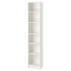 a white bookcase with three shelves on each side