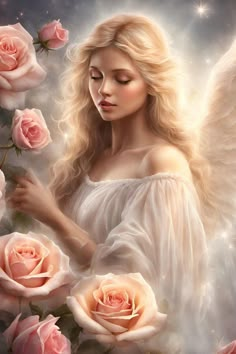 a painting of an angel surrounded by pink roses with stars and clouds in the background