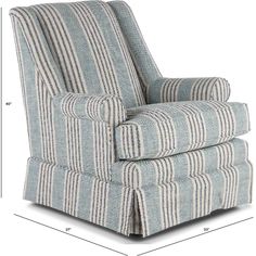 a blue and white striped chair with measurements