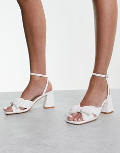 Glamorous mid heel sandals with bow in white | ASOS White Open Heel Heels With Bow, White Heels With Bow And Open Heel, Chic White Sandals With Bow, White Open Heel Sandals With Bow, White Sandals With Bow And Open Heel, White Open Toe Heels With Bow Straps, White Block Heels With Buckle Closure, Summer Block Heels With Bow Straps, White Ankle Strap Sandals With Bow