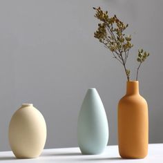 three different colored vases sitting next to each other on a white counter top with a plant in the middle