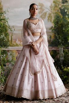 Pink lehenga featuring attached cancan and geometric pattern embroidery. Paired with a floral embroidered padded blouse and sheer dupatta with embroidered borders., Fit: Relaxed Violet Lehenga, Geometric Lehenga, Baby Pink Lehenga, Geometric Pattern Embroidery, Chanderi Lehenga, Eye Embroidery, Punjabi Suit Boutique, Blouse Lehenga, Raw Silk Lehenga