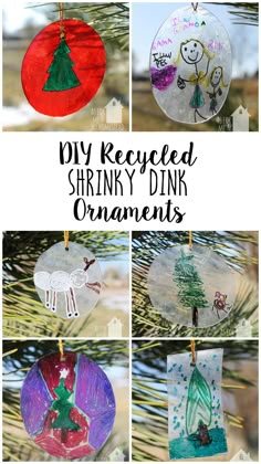 handmade ornaments with the words diy recycled shrinky dink ornaments