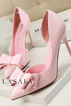 Lasaky - Elegant Butterfly Bow Stiletto Pumps with Sophisticated Side Cutouts Feminine Heels For Party, Feminine Party Heels, Trendy Heels With Bow For Formal Occasions, Feminine Fitted Heels For Parties, Trendy Pink Heels With Bow, Feminine Heels With Bow, Feminine Bow Heels, Fitted Pink Heels With Bow, Fitted Heels With Bow For Office