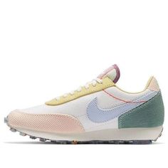 The Nike Daybreak 'Corduroy Sail' is a modern take on the classic 1979 design, inspired by professional running shoes. This version features a corduroy upper with a combination of soft sail, pink, and light blue accents, and a rubber sole for lightweight comfort and style. Perfect for running, walking, or any other activity, this sneaker is sure to turn heads. The Daybreak series is a timeless classic, and this updated version is sure to be a hit. (SNKR/Women's/Waffle Shoes) Nike Tuned 1, Nike Tuned, Nike Daybreak, Purple Heels, Shoes Sneakers Nike, Marathon Running Shoes, Hot Sneakers, Logo Label, Pastel Shades