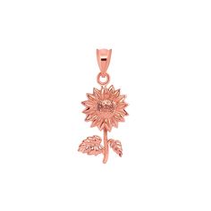 "14k solid gold Sunflower Pendant. measures 1\" by 1/2\". high polish finish." 14k Gold Flower Shaped Rose Gold Jewelry, 14k Rose Gold Flower-shaped Jewelry, 14k Rose Gold Flower Jewelry, Rose Gold Flower-shaped 14k Gold Jewelry, Rose Gold 14k Flower Shaped Jewelry, Rose Gold Flower Pendant Jewelry, 14k Rose Gold Jewelry With Flower Charm, Rose Gold 14k Birth Flower Jewelry, Yellow Gold Flower-shaped Tarnish Resistant Jewelry