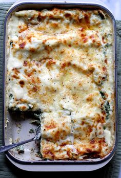 white spinach lasagna in a casserole dish