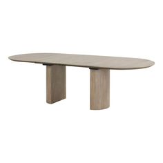 an oval wooden table with two legs and a circular top, on a white background