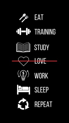 the words eat, training, study, love work sleep repeat and repeat in white on a black background