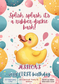 Make a splash with our Editable Rubber Duckie Birthday Invitation! Perfect for a 1st birthday party with a bath time theme, this cute duck party invite template is ideal for celebrating your little girl’s special day. Easily customizable and available as an instant download, personalizing your invitation is quick and easy. Add your event details and get ready for a quacking good time! 🦆🎈 #RubberDuckieParty #1stBirthdayInvite Ducky Party Ideas, Duck Themed 3rd Birthday, Duck Bday Theme, Rubber Ducky 2nd Birthday Party, Rubber Duckie Birthday Party, Rubber Duck Birthday Theme, 2nd Birthday Duck Theme, Rubber Duck Themed Birthday Party