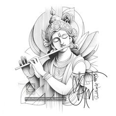 an ink drawing of a woman playing the flute with her eyes closed and hands clasped together