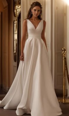 a woman in a white wedding dress standing next to a gold columned wall and doorway