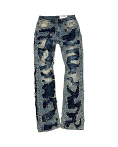 The Double Down Stacked Denim by FWRD is a bold and stylish addition to any wardrobe, designed to make a statement. These jeans are characterized by their unique distressed patchwork pattern, which blends rugged and modern aesthetics. The jeans come in two standout colorways: a striking grey-black mix and a classic indigo blue wash, each showcasing intricate detailing. The heavy distressing on the front panels features layered tears and contrasting underlays, creating a visually dynamic texture. Stack Pants, Stacked Denim, Stacked Jeans, Jordan 4’s, Edgy Streetwear, Jordan Yeezy, Double Down, Nylon Pants, Jordan 2