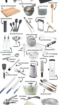 kitchen utensils labeled in english and spanish with the words cooking utensils