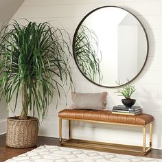 a mirror on the wall next to a bench with a plant and books in front of it