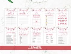 the printable baby shower game is displayed on a marble background with greenery and pink flowers