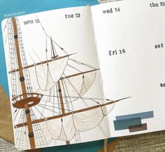 an open notebook with a drawing of a sailboat on the page and numbers for each ship