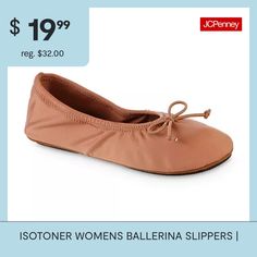 You�ll love the chic details of these Isotoner women�s ballerina slippers when you want to slip on a pair of cozy flats for lounging at home. Made from a recycled blend with a satin finish, these round-toe flat shoes have a quilted insole with memory foam cushioning and also come adorned with a tie on the front. Wear them with your favorite pair of sweatpants or jeans and a hoodie.Features: Memory FoamClosure Type: Slip-OnBase Material: 88% Recycled Polyester, 12% SpandexUpper/Outer Base Materi… Non-slip Ballet Flats With Round Toe, Non-slip Ballet Flats, Non-slip Slip-on Flats, Comfortable Non-slip Flats, Slippers White, Ballerina Slippers, Lounging At Home, The Chic, Flat Shoes