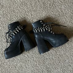 Bundle Any 2+ Items For 25% Off Black Chunky Platform Bullet Lace Up Goth Boots, Super Sick With Attached Mini Bullets, Only Wore Once (To The Barbie Movie Nonetheless ) Size 9, Fits True To Size. Paid $198 Perfect Alternative Closet Staple Platform Goth Shoes, Grunge Party Boots With Spikes, Black Grunge Heels For Party, Edgy Heels With Metal Feet For Concert, Black Round Toe Heels For Festival, Black Heels With Round Toe For Festival, Edgy High Heels With Silver Studs, Edgy Black Heels With Rivets, Alternative Style Leather Heels