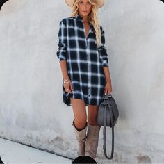 Button Up Plaid Dress! Size Medium! Never Worn!!! Perfect For Fall! Casual Long-sleeved Mini Dress With Button Closure, Casual Shirt Dress With Buttons For Daytime, Casual Button Shirt Dress For Daytime, Casual Mini Length Shirt Dress For Day Out, Casual Mini Shirt Dress For Day Out, Blue Shirt Dress For Beach, Casual Shirt Dress With Button Closure For Day Out, Casual Button-up Mini Dress For Day Out, Casual Long Sleeve Shirt Dress For Daytime