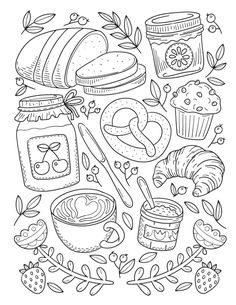 a coloring page with some food items in the middle, including bread and jams