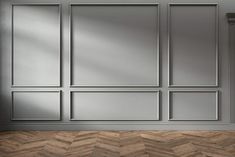 an empty room with wooden floors and gray wall paneling, 3d rendering image stock photo