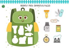 a green backpack with some stickers on the front and back, along with other items to make it