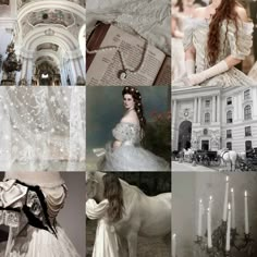 a collage of photos with white dresses and horses