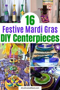 colorful mardi gras diy centerpieces with text overlay that reads 16 festive mardi gras diy centerpieces